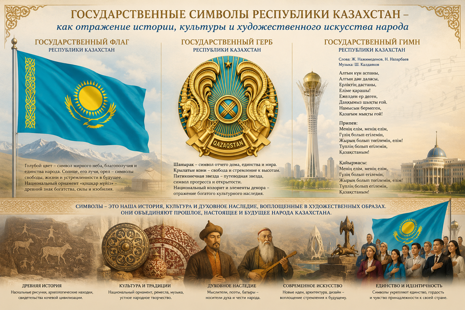 ҚР Мемлекеттік рәміздері халықтың тарихы, мәдениеті мен көркем өнерінің көрінісі ретінде/Государственные символы РК, как отражение истории,  культуры и художественного искусства  народа